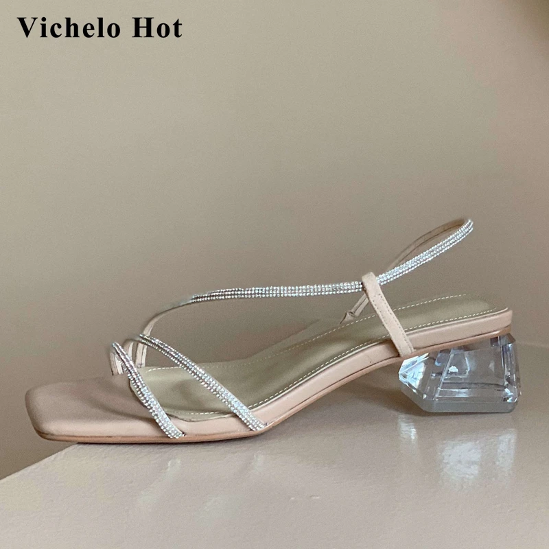 

Vichelo Hot peep toe crystal med heel rhinestone decorations beauty lady party shiny fairy style summer hot sandals women L41