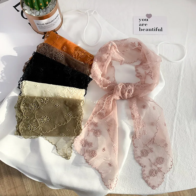 

120*13CM Pashmina Knit Head Scarf Embroidered Bevel Angle Wrap Shawl Transparent Lace Floral Bandana Long Scarves Women Foulard