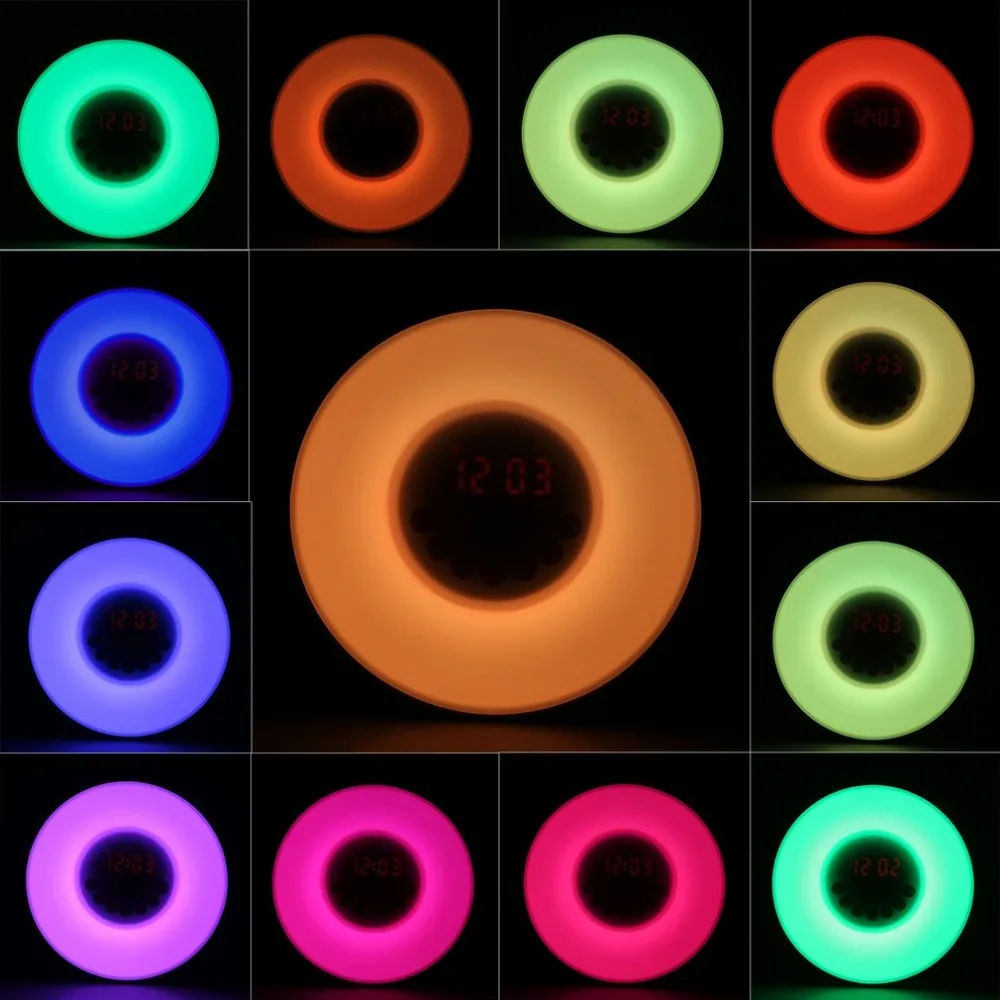 Будильник, имитация восхода/заката, светящиеся цифровые часы с fm-радио, 7 цветов, светильник, лампа с сенсорным управлением, повтор, настольные часы