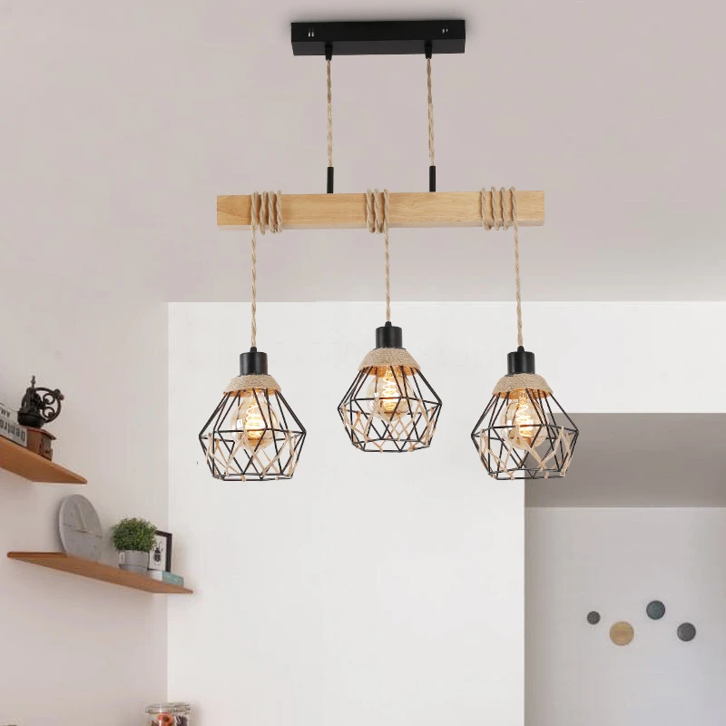 

Modern Black Solid Wood Pendant Lights Hemp Rope Metal Hanging Light Living Room Decoration E27 Home Decor Lighting Chandeliers