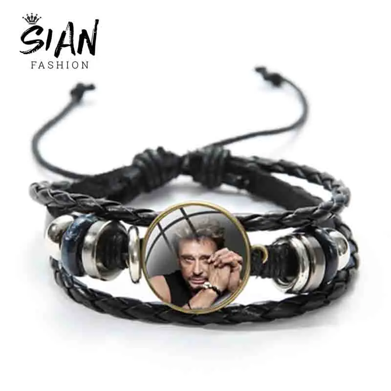 

SIAN Johnny Hallyday Printed Art Photo Bracelet Famous Rock Star Musician Series Special Bracelets Glass Button Leather Bangles