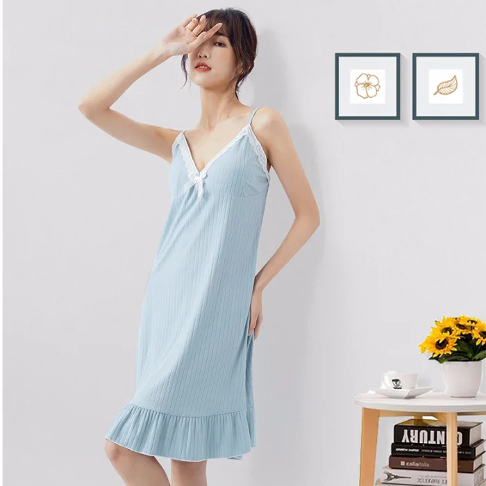 Summer New Style Women's Nightdress with Chest Cushion Comfortable V-neck Sling Nightgown & Sleepstirts Home Clothes Sleepwear