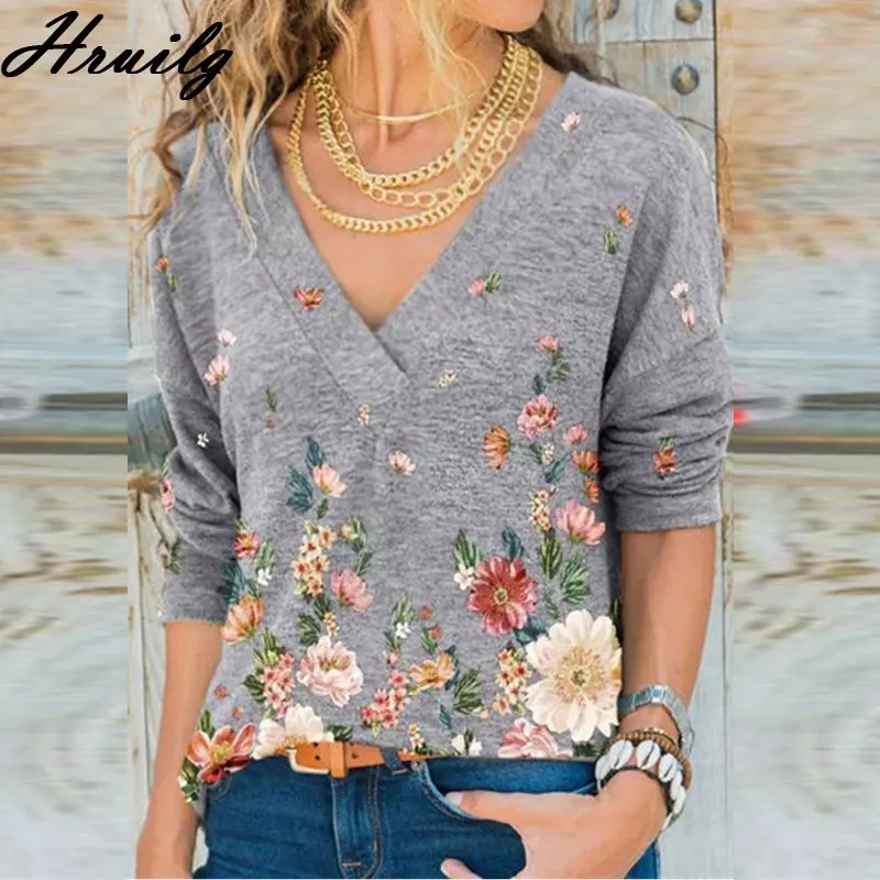 

Tops Plus Size Long Sleeve Fashion Home Style T Shirt for Women New Arrival Flower Printing Casual Loose V Neck Mujer Camisetas