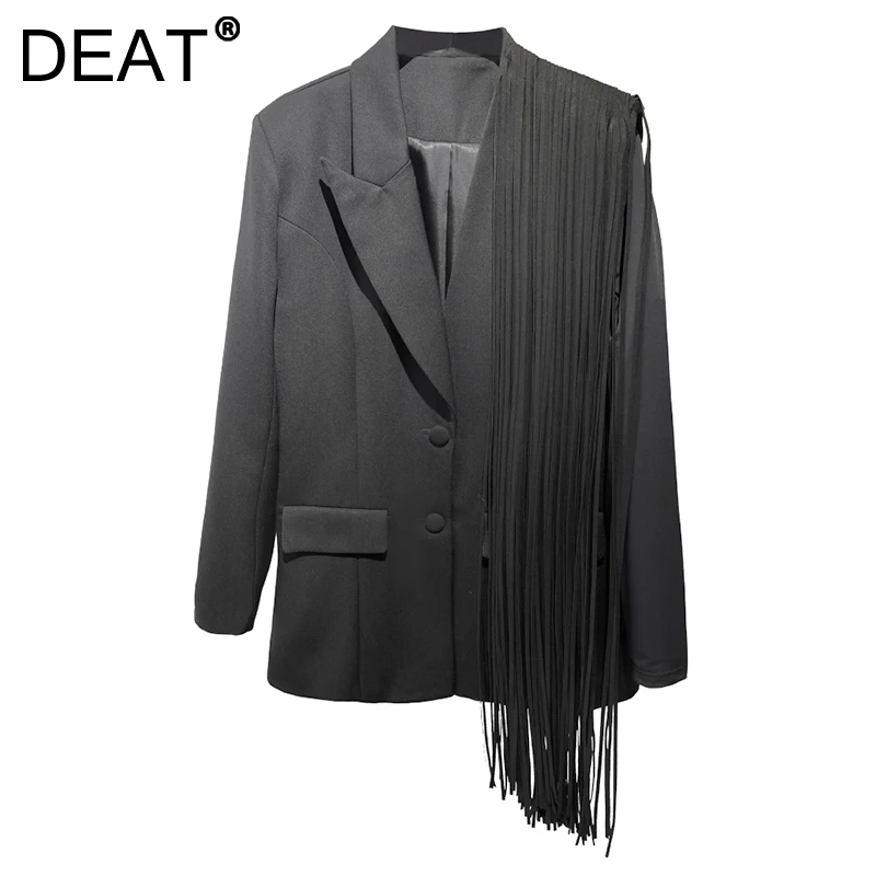 

DEAT 2021 Autumn And Winter Fashion New Loose Straight Suit Collar Solid Color Temperament Splicing Tassel Women Coat 7Z436