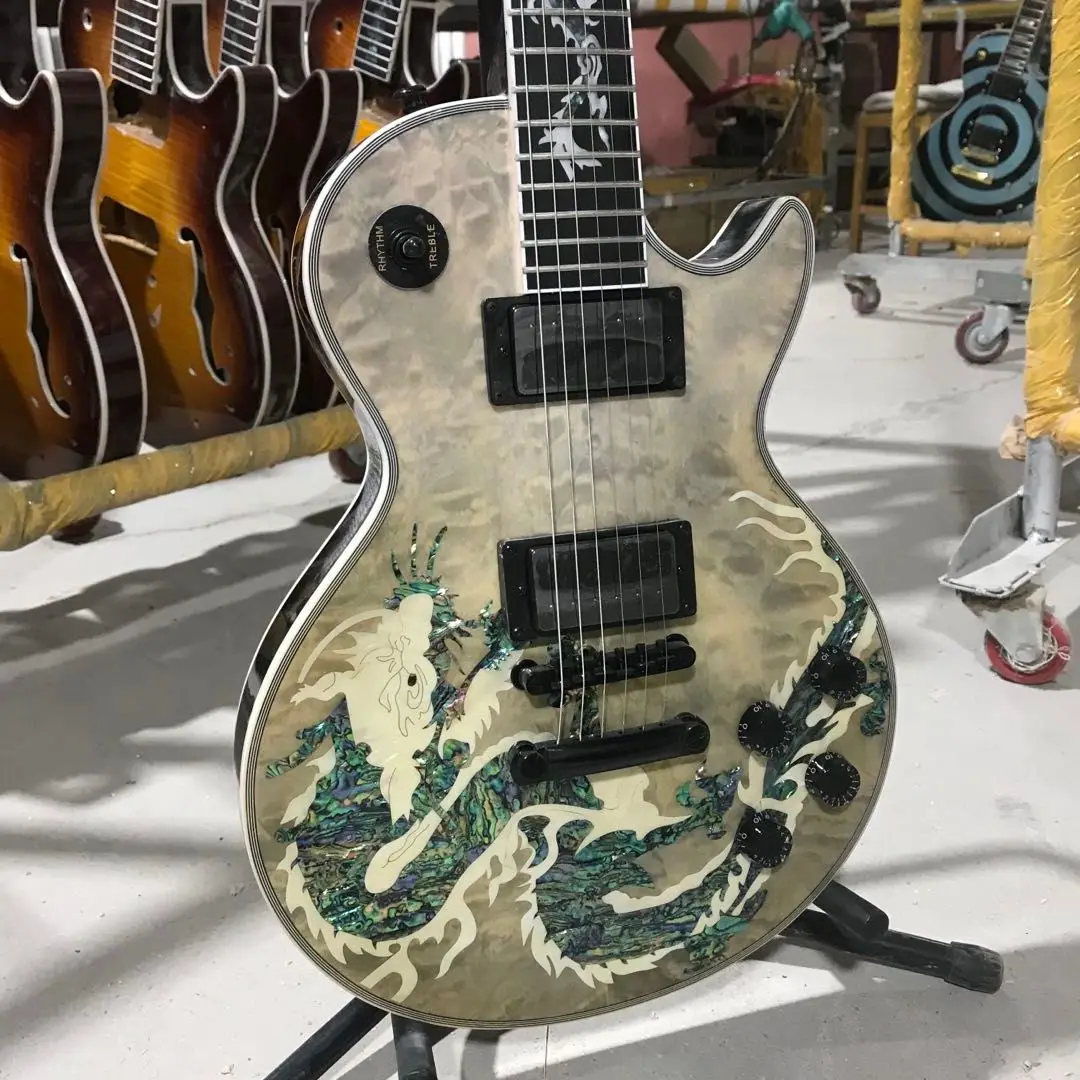 Chinese Factory Electric Guitar Dragon Inlay Ebony Fingerboard And Mahogany Body Quilted Maple Top Free Shipping