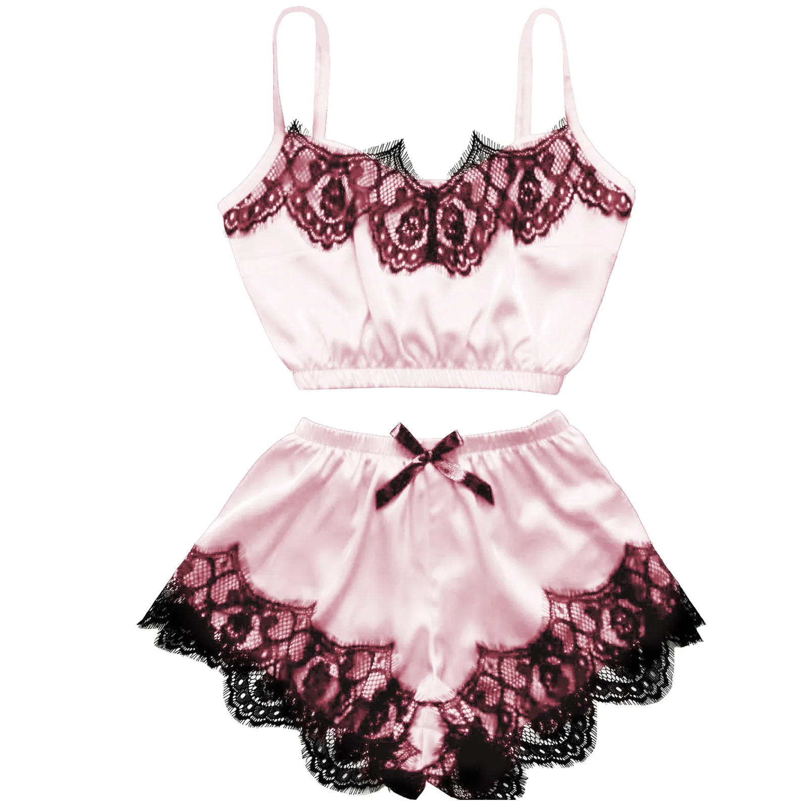 

2021 Women Pajamas Satin Lace V-Neck Lingerie Sexy Camisole Pajamas Solid Color Bowknot Shorts Set Sleepwear