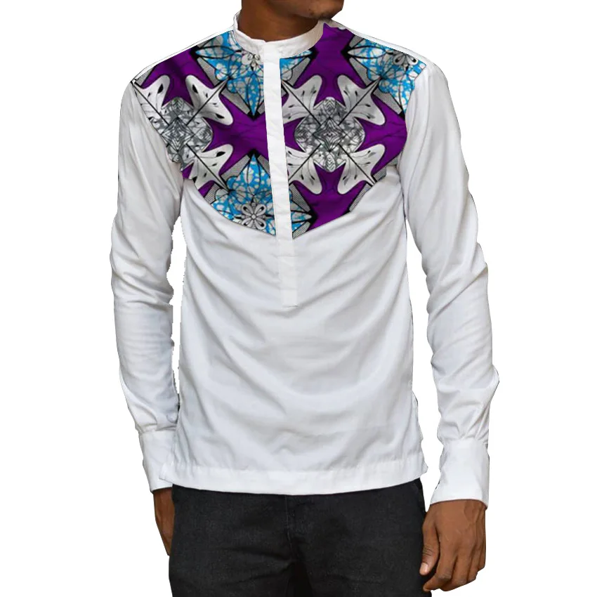 

Nigerian Print Men's Shirts Stand Collar Patchwork White Tops Customized African Fashion Casual Male Outfit