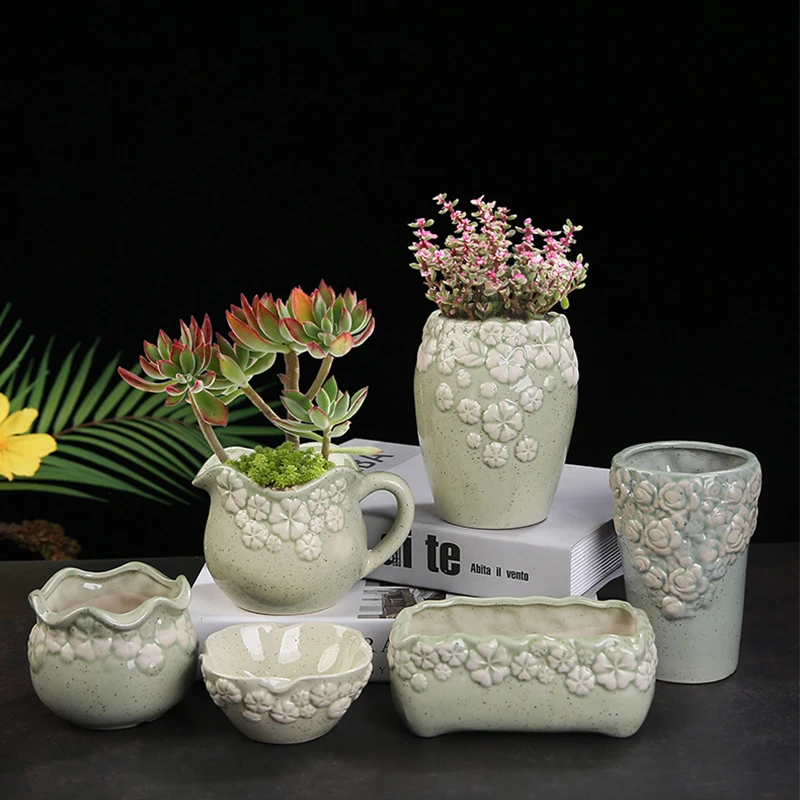 

Pastoral Green Sand Glaze Succulent Ceramic Flower Pot Vintage Green Plant Potted Desktop Art Ornament Home Creative Gardening