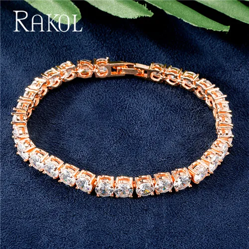 Rose Gold Color RAKOL панк стиль ослепительный Круглый CZ цирконий Кристалл теннисные браслеты для женщин Мода белого золота цвет свадебные украшения RB80517K - Окраска металла: Rose Gold Color