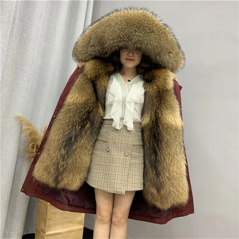 2021 New Winter Women's Leather Coat Long Raccoon Fur Fur Lining Hooded Parka Big Raccoon Fur Collar Warm Fur Coat Jacket