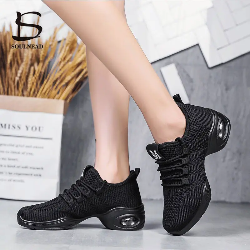 Black White Jazz Dance Shoes Women Sneakers Flying Woven Net Modern Dancing Shoes Woman Spring Summer Outdoor Ladies Sports Shoe