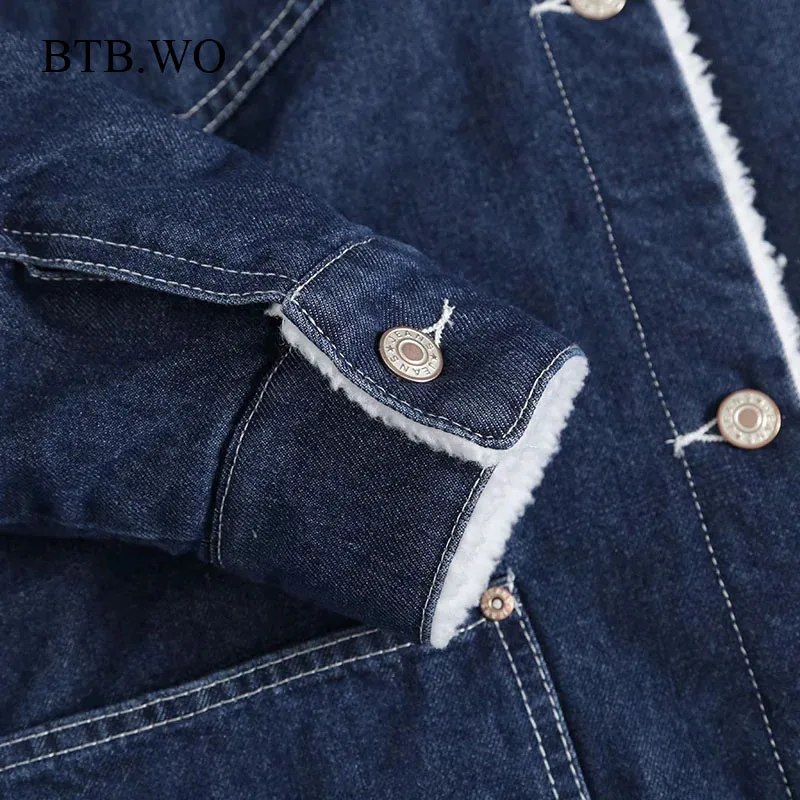 

BTB.WO long New Fashion Wool Lining Denim Jacket Coat Women Bomber Jackets Casaco Feminino Fur Warm Winter Denim Jacket Women