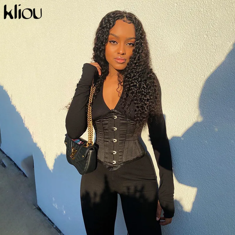 

Kliou 2020 autumn fashion women matching outfits casual jumpsuits/bandage corset co-ord set activewear fitness skinny stretchy