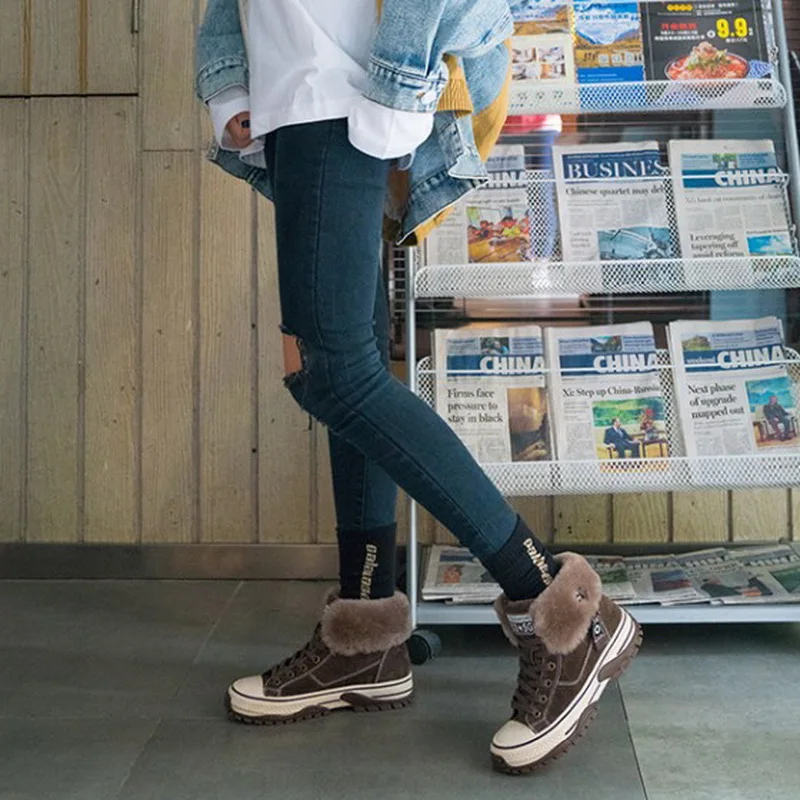 Зимние Повседневные меховые кроссовки женская обувь на плоской платформе
