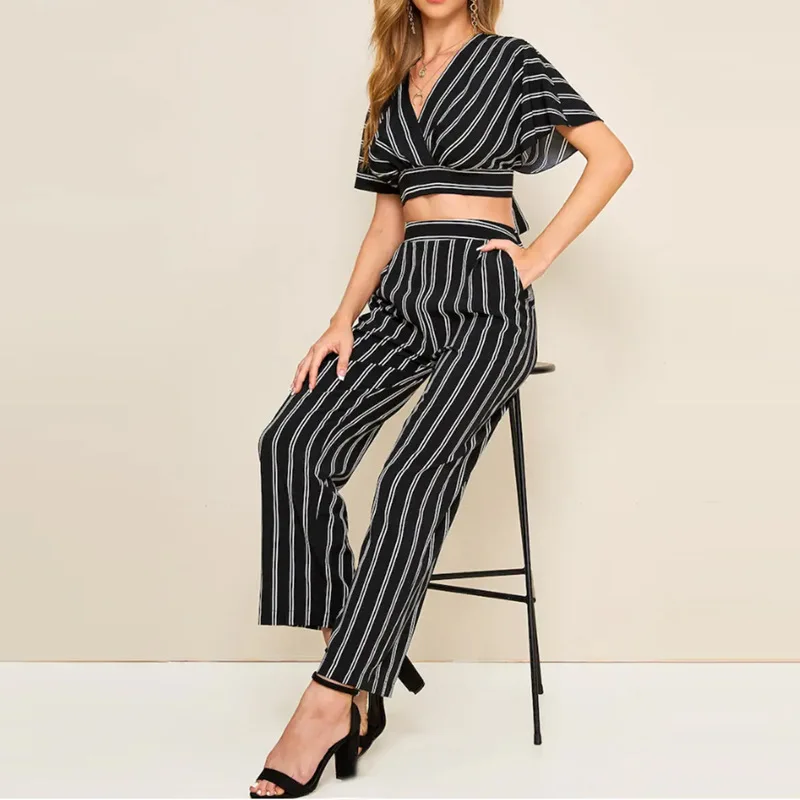 

Woman Suit European and American Style Striped V-neck Short-sleeved Short Jacket + Casual Trousers Set Two-piece
