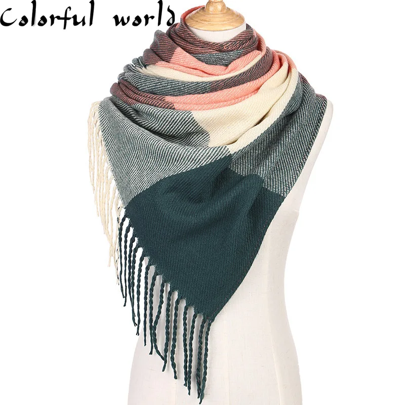 Дизайнерский вязаный клетчатый шарф унисекс осенне зимний шаль теплые