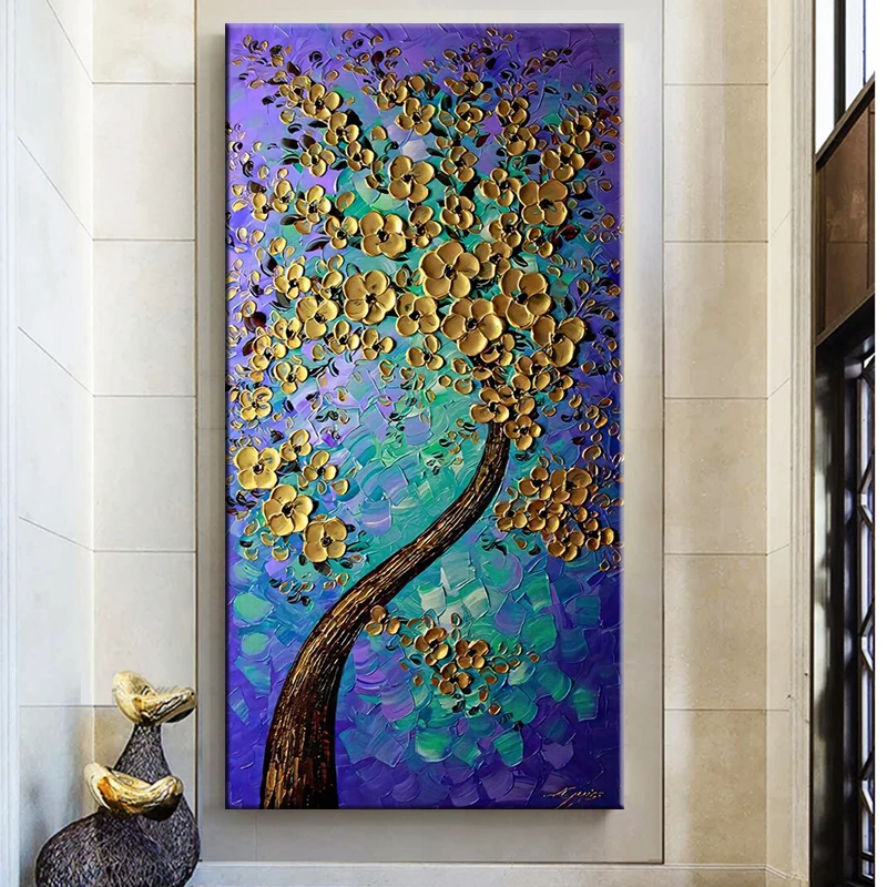 Абстрактная желтая Цветочная елка холст картина маслом синяя черная земля