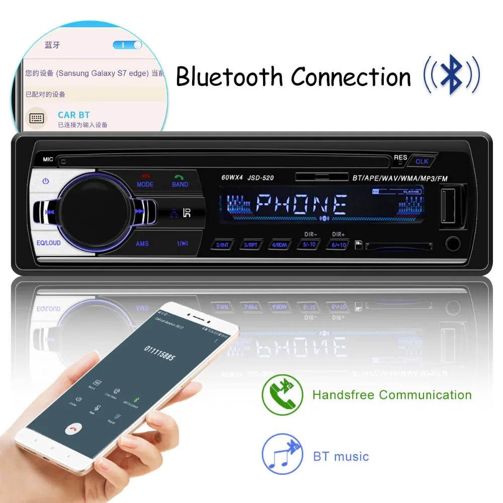 Автомагнитола jsd 520 12 в Bluetooth, автомобильный стерео In-dash 1 Din, FM, Aux вход, поддержка Mp3/MP4, USB, MMC, WMA, AUX IN, TF, автопроигрыватель