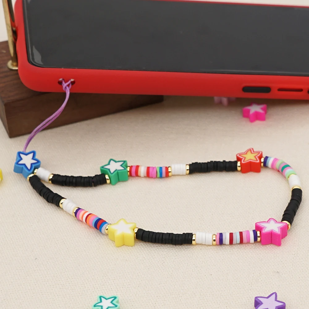

2021 Mobile Phone Chain Beaded Strap Wrist Phone Lanyard Polymer Clay Heishi Beads Holder Chains Star Bracelet Jewelry
