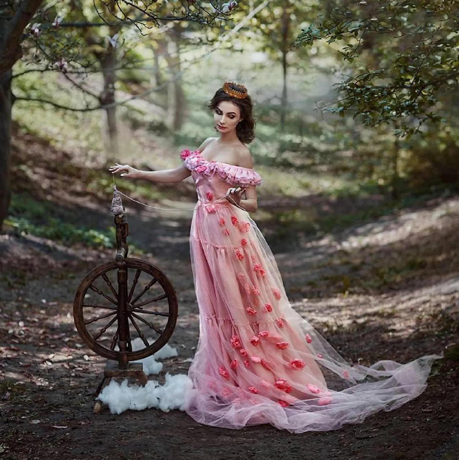 

Elegant Pink Prom Dress Ruffles Off-Shoulder Tulle Dress Sweet Floral Dress For Women Photoshoot Dress Floor Length Evening Gown