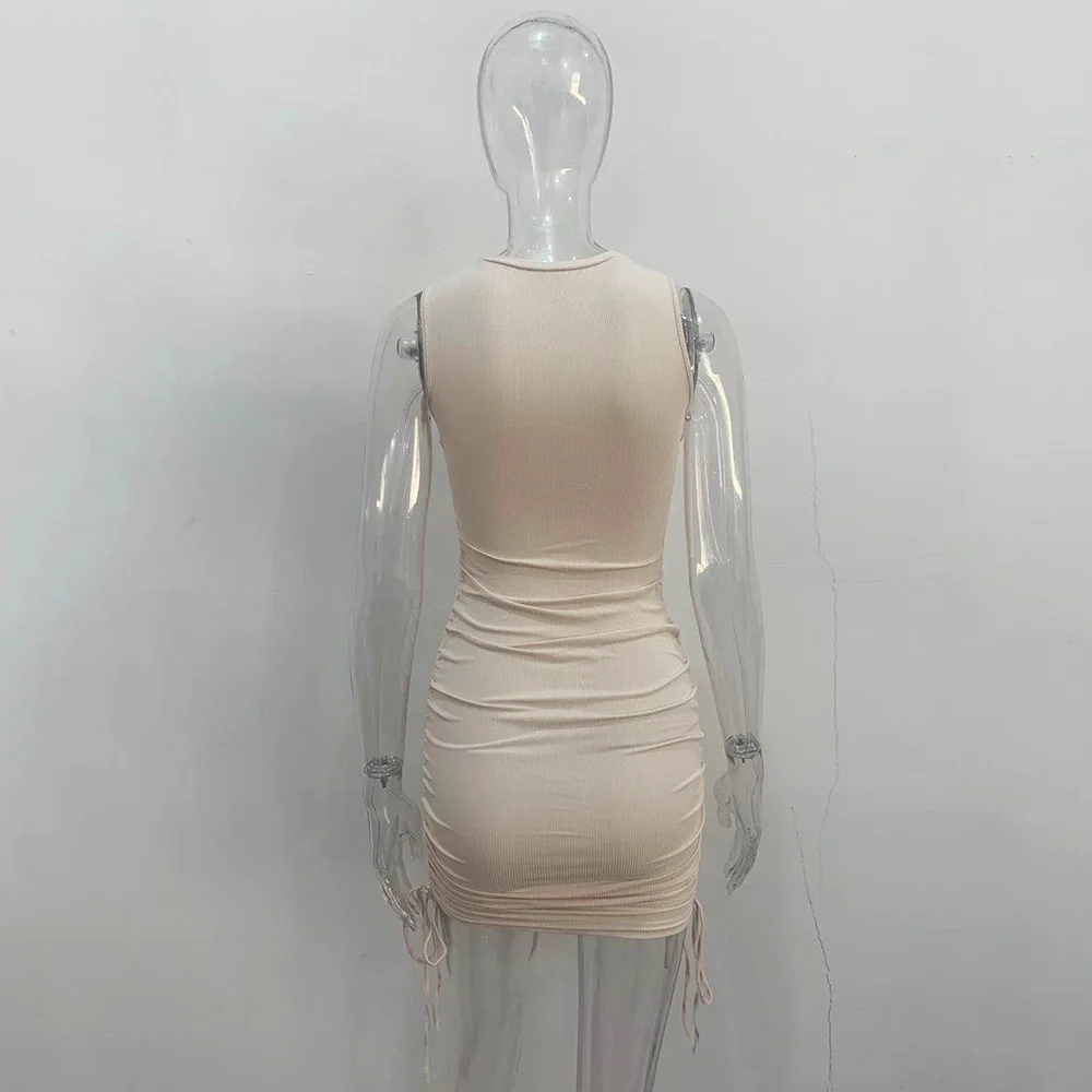 

Summer Dress Women Drawstring Ribbed O Neck Knitted Khaki Casual Bodycon Mini Party Dress Sexy Streetwear Women Clothes