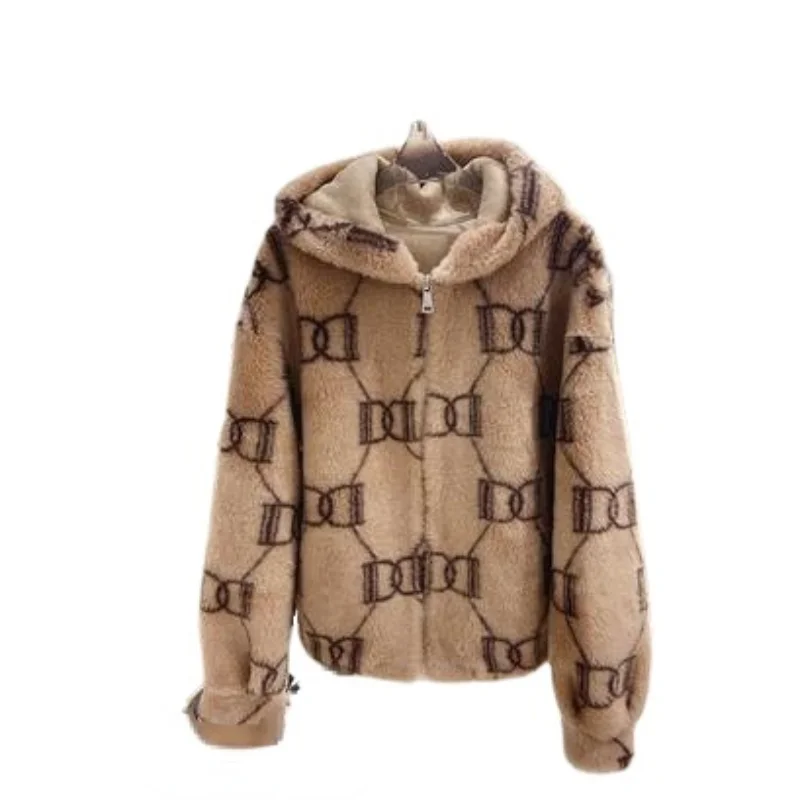 Women Short Hooded Particles All-wool Fur Coat Female Printing Zipper Thick Warm Coat 2021 Winter Loose Casual Plush Jacket