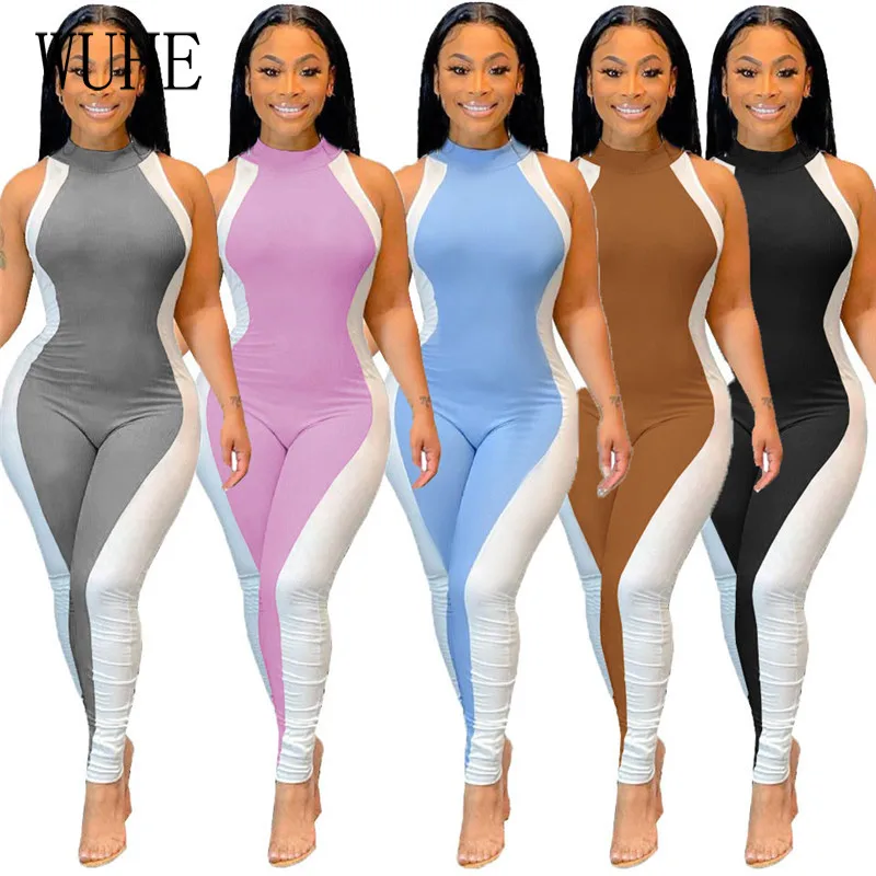 

YEYA Лоскутные Комбинезоны Цвет контраст без рукавов топы с открытыми плечами о-образной горловиной узкие посылка бедра плиссированные джог...