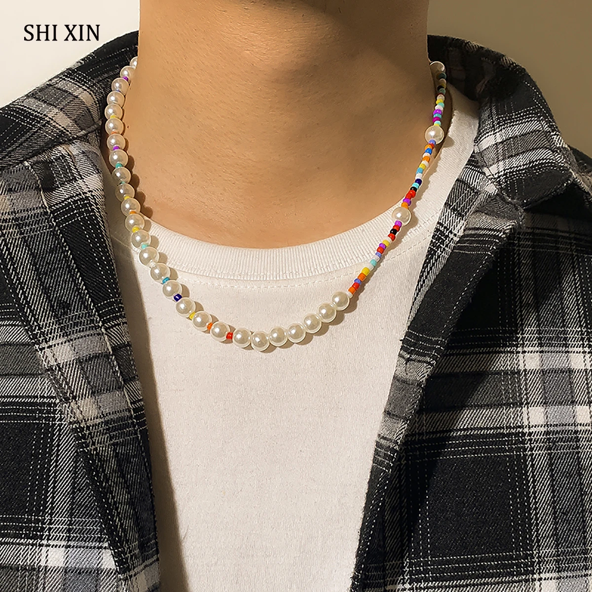 

SHIXIN Boho Asymmetry Pearl Choker Necklace for Women/Men Fashion Summer Colorful Beads Necklace 2021 Jewelry for Neck Girl Gift