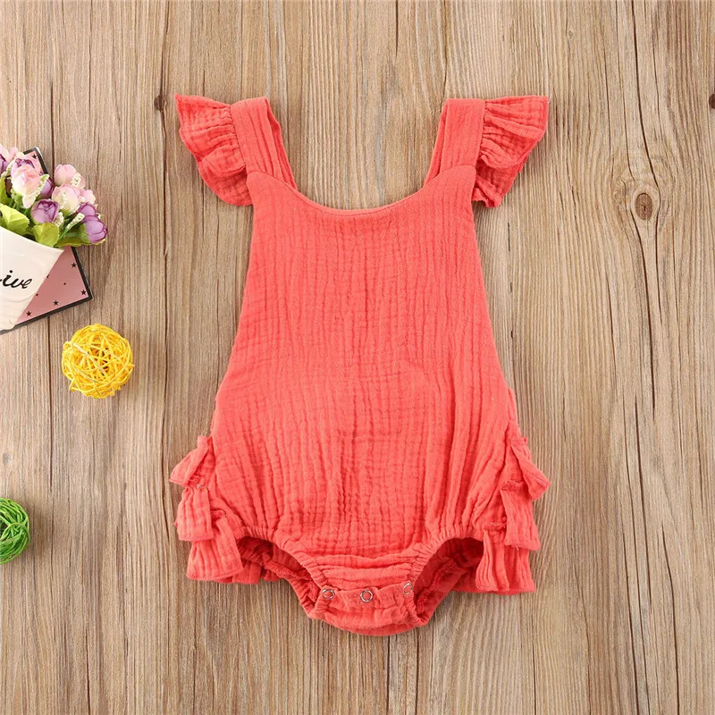 

2020 Toddler Bbay Boy Girl Clothes Ruffle Kids Jumpsuits Solid Color Romper Fly Sleeve Backless Bodysuits Summer Clothing