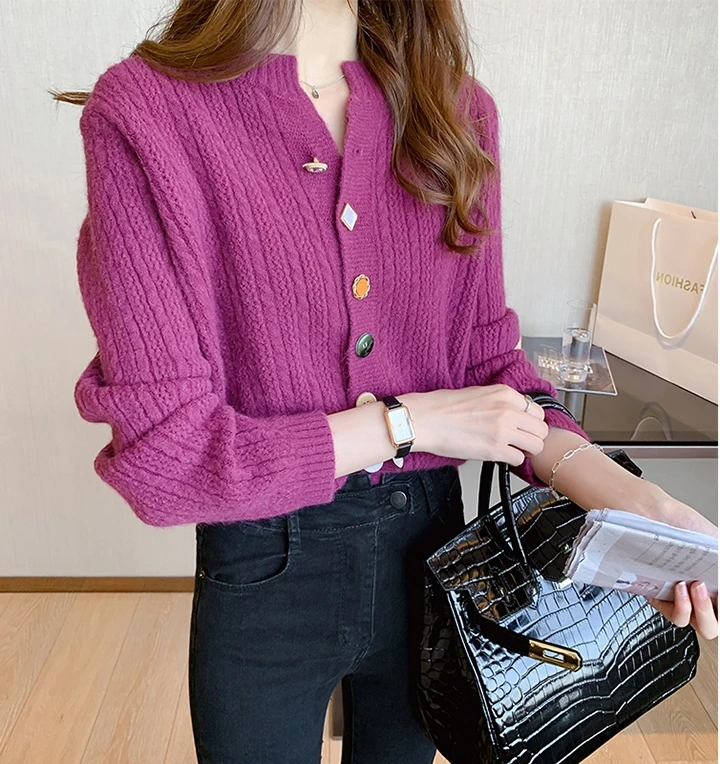 Women Knitted Sweater Cardigan Diamont Button O-neck Single-breasted Knitting Top Jackets Ladies Casual Urban Bottons Knitwear