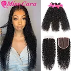 Монгольский курчавый и вьющийся волос с закрытием 100% человеческие волосы 34 пучки с закрытием Miss Cara Remy пучки волос с закрытием