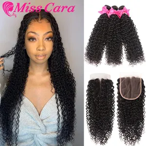 Монгольский курчавый и вьющийся волос с закрытием 100% человеческие волосы 34 пучки с закрытием Miss Cara Remy пучки волос с закрытием
