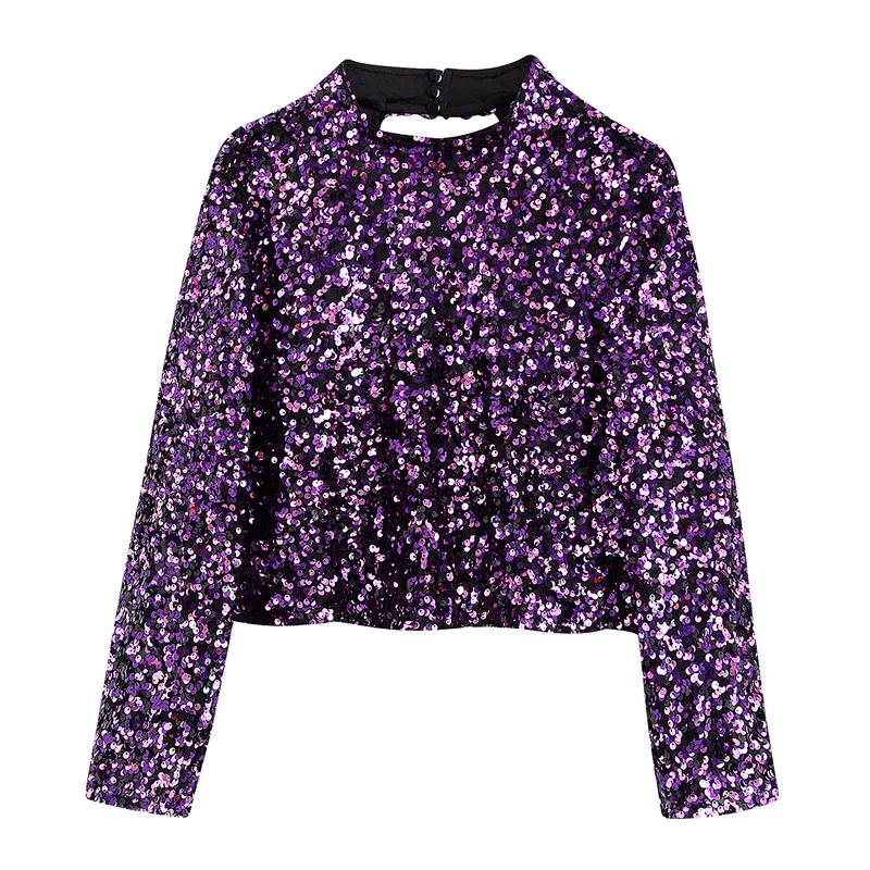 AGong тонкая короткая футболка с пайетками женские модные топы круглым вырезом и