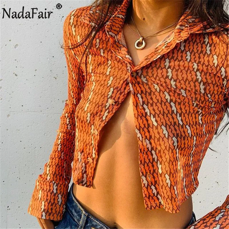 

Nadafair Sexy Mesh Tops Harajuku Summer Orange Vintage Long Sleeve Crop Tops See Though Y2K T Shirt Women 2021