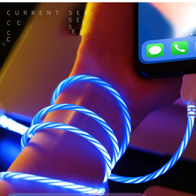 Tutew светящийся кабель LED струящийся Micro USB Type C провод для быстрой зарядки телефона