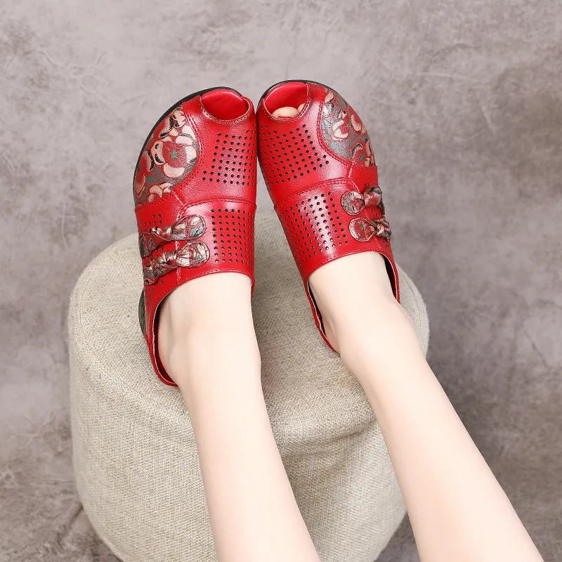 

2021 Summer Women Shoes Square Heel Slippers Ethnic Style Genuine Leather Handmade Flower Cover Toes Comfotable Women Slides