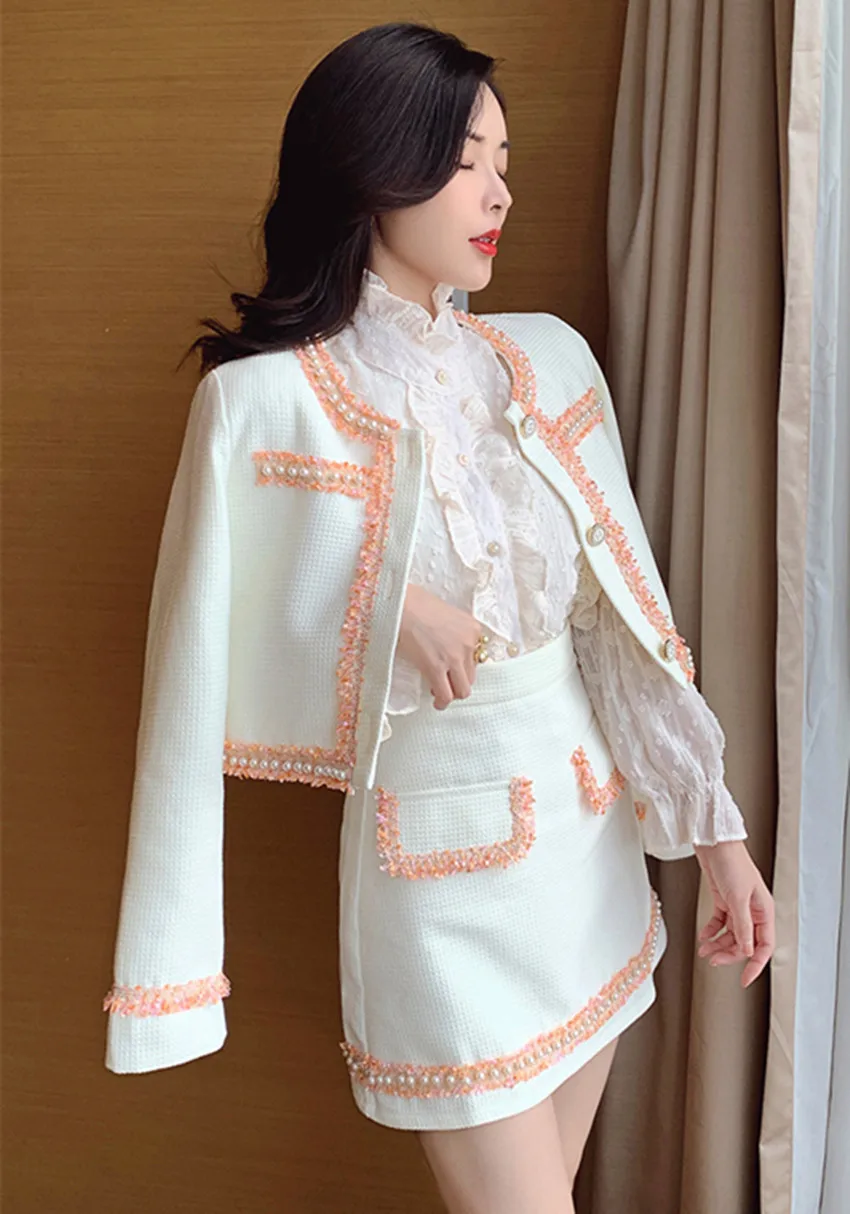 

High Quality 2021 New Fashion Autumn Winter Women Suit Luxury Pearl Tassel Style Tweed Jacket Coat+Mini Skirt 2 Piece Set