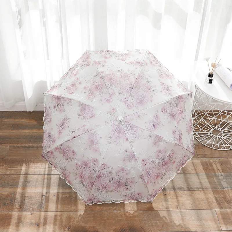 Кружевной женский зонтик от дождя солнца черный складной принцессы инверторный