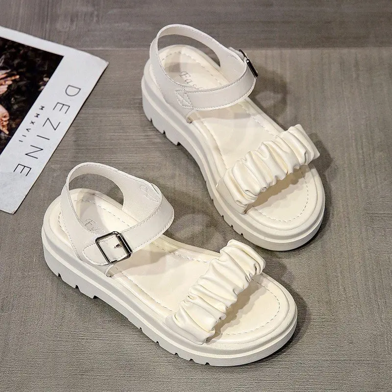 

Sandals Women Summer New Fashion Women's Sandals 2021 Pleated Sandals Solid Sandals Round Head Comfortable Open Toe Sandals