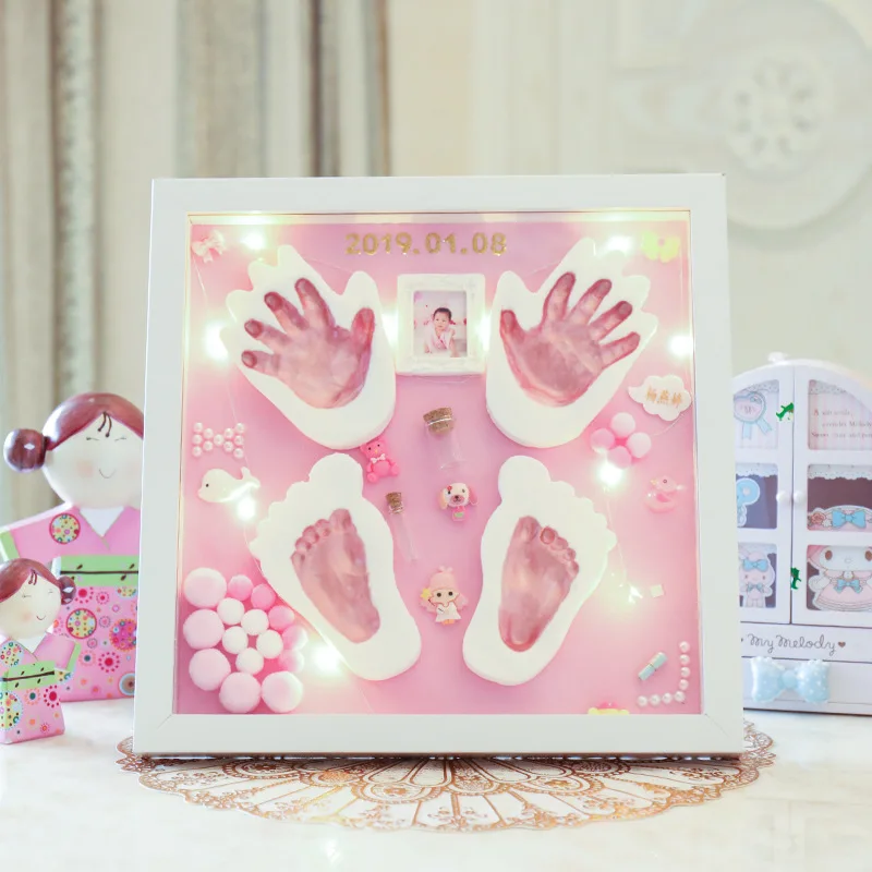 Plastilina con estampado de manos y pies para beb&eacute;, marco de fotos de beb&eacute; con luz LED, arcilla de colores, recuerdo para reci&eacute;n nacido-0