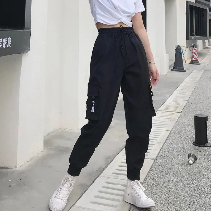 

QWEEK Hip Hop Joggers Cargo Pants Baggy Women Street Style Pockets Oversize Black Trousers Female Hippie High Waist Ankle Length