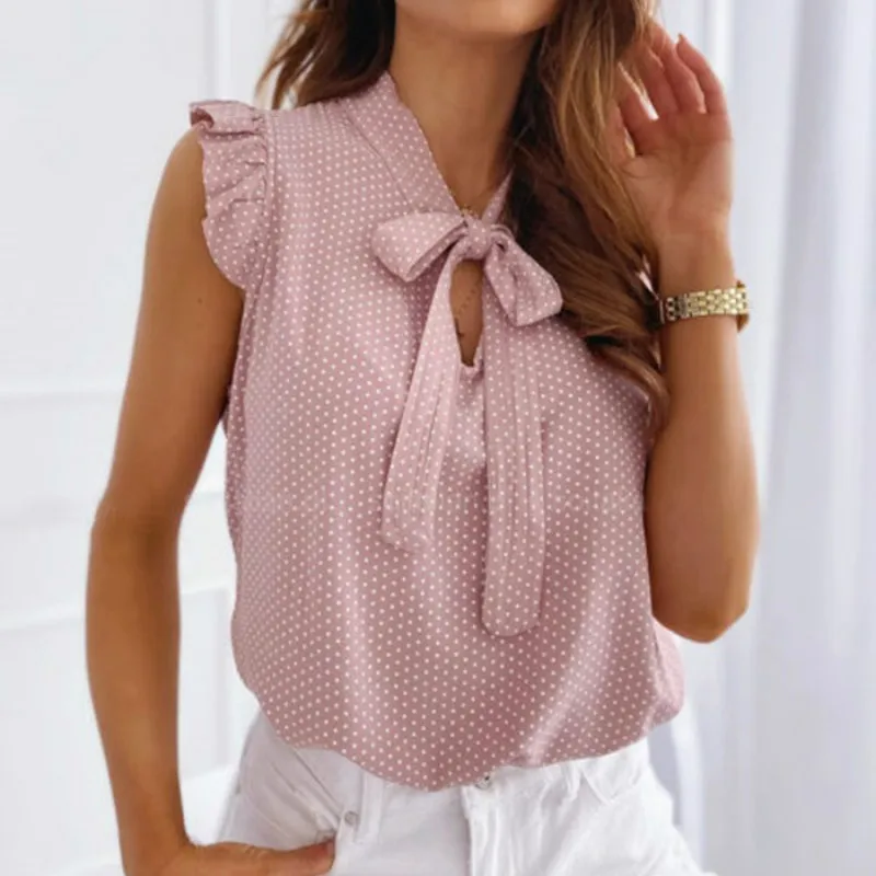 

Polka-dot bow collar sleeveless shirt top women ruffle blouse women blouses chiffon blouse Sleeveless Bow Polka Dot
