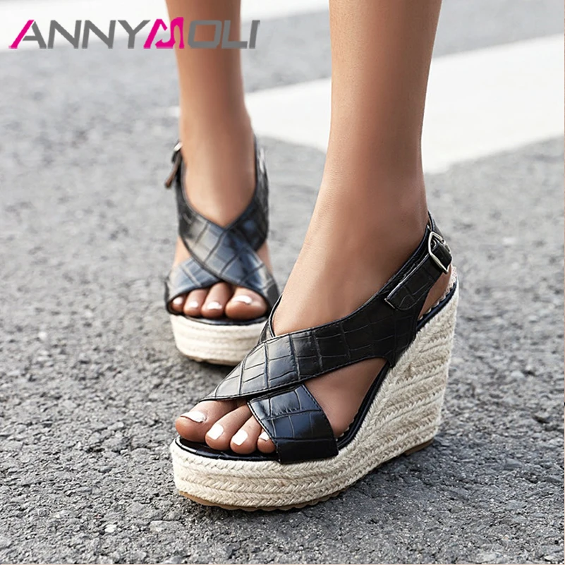 

ANNYMOLI High Heel Women Shoes Platform Wedge Sandals Buckle Round Toe Ladies Shoes Fashion Party Shoes Black Large Size 10.5