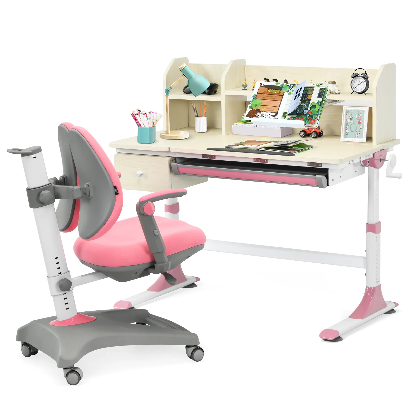 

Детский письменный стол Honeyjoy с регулируемой высотой, учебный стол и стул с книжной полкой, розовый HW67588PK + HW67591PK