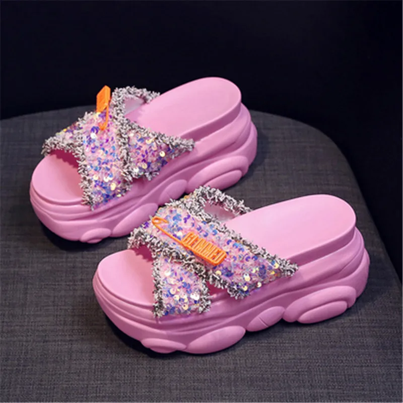 

Mixed Colors Platform Open Toe Women Summer Slippers Outside Casual Wedges Sandals For Girl 8cm Height Increasing Chunky Slides