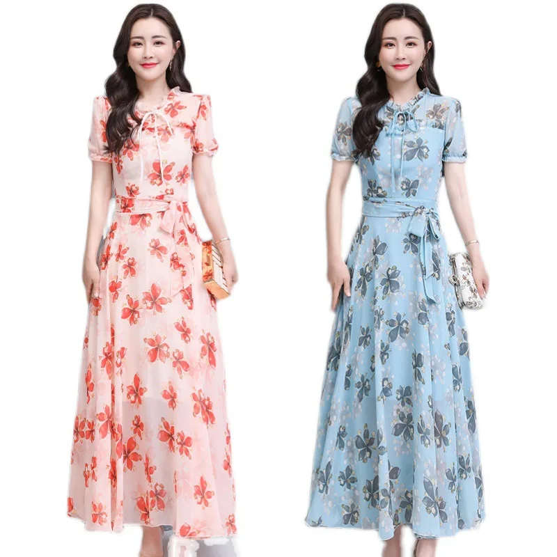 

Chiffon crushed flower dress 2021 big-swinging long skirt women's summer light-skinned style elegant temperament shows thin long