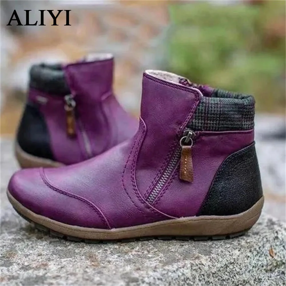 

Women's Zipper Boots 2021 Autumn Winter Vintage Artificial Leather Ladies Flats Soft Bottom Waterproof Female Snow Shoes
