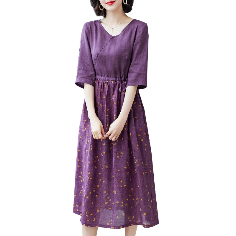 

2021 Summer Vintage Boho Print Cotton Linen Midi Sundress Korea 3XL Plus Size Classy Women Beach Dresses Bodycon Party Vestidos