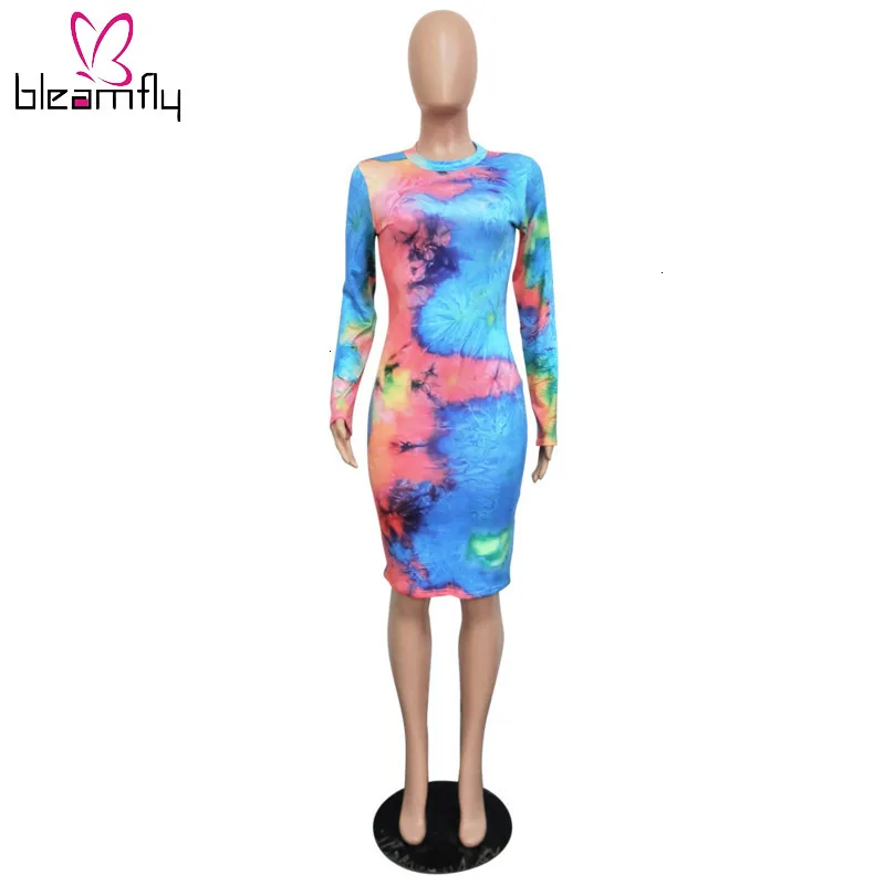 Цветное сексуальное облегающее платье миди с принтом Tie Dye для женщин осень 2019