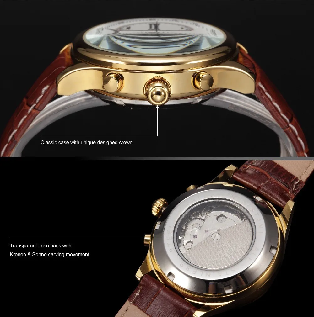IMPERIAL KS Retro Skeleton 6 Hands Golden Case Luxury Brand Day Month Display Brown Leather Strap Men's Mechanical Watch / KS146